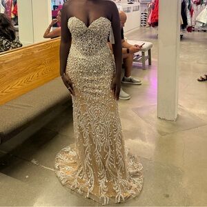 Jovani Champagne Pearl-Embellished Gown